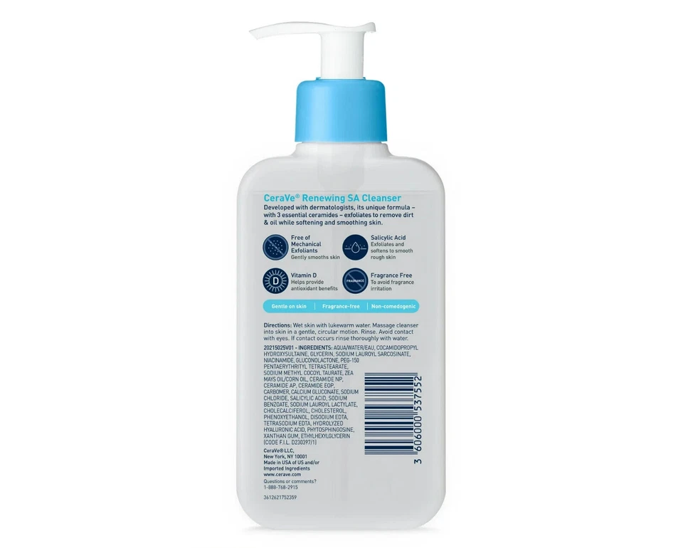 Limpiador CeraVe Renewing SA, gel de ácido salicílico lavado facial para esquí suave Foto 4 de 4