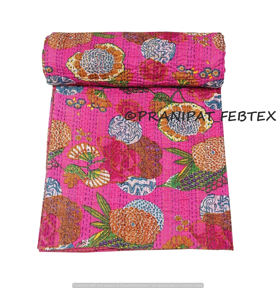 Colcha Indian Kantha Estampado Tropical Rosa Queen Algodón Colcha Foto 2 de 4