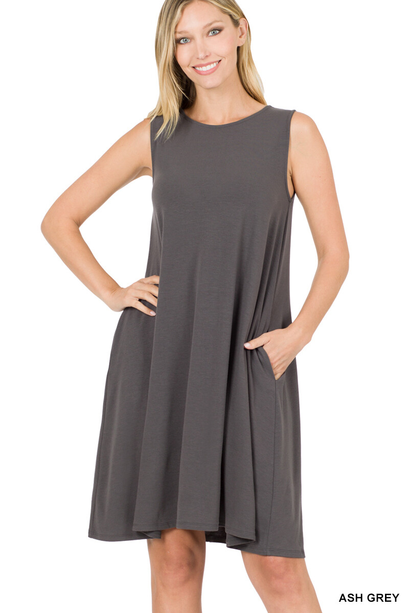 Zenana Women & Plus Sleeveless Jersey Flared Swing Tank Dress with Side Pockets