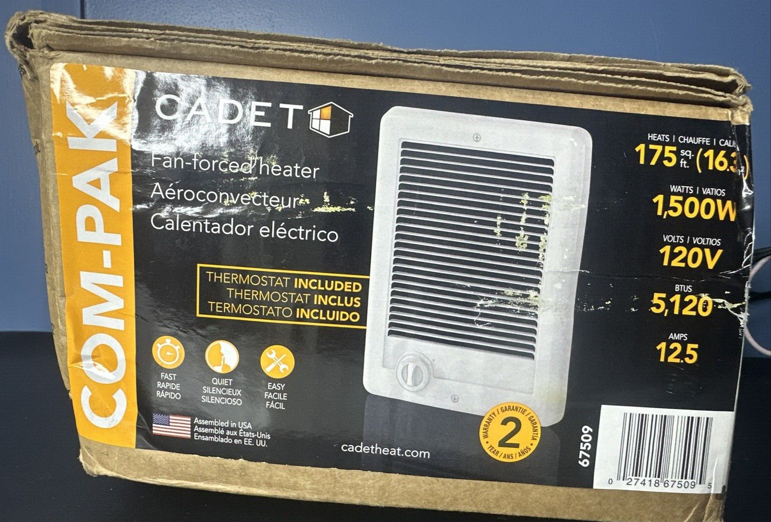 Cadet Com-Pack In-Wall Fan-Electric Heater, W/Thermostat (67509) (MISSING KNOB)