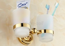 Gold Color Brass Bathroom Wall Mounted Double Glass Cups Toothbrush Holders
