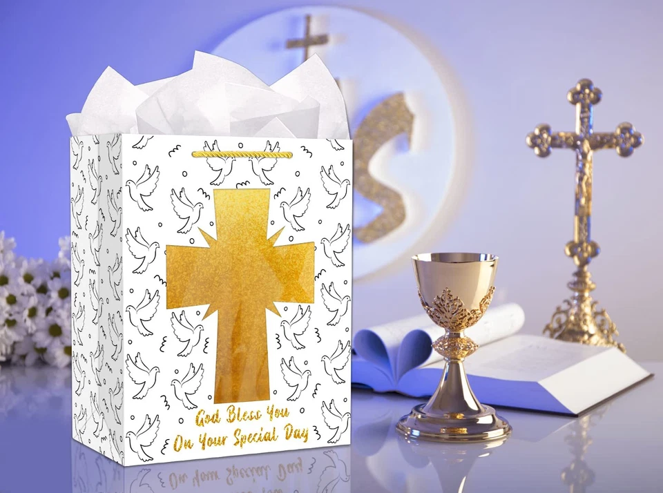 Bolsa de Presentes de Primeira Comunhão para Meninas Meninos Cruz de Ouro Bolsa de Presentes de Batismo Confirmar... - Imagem 2 de 4