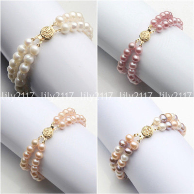 2 Rows Genuine Natural Freshwater Akoya Pearl Beads Bracelet 7.5'' 6-7/7-8/8-9mm