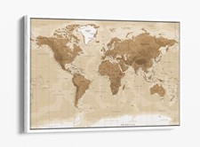 VINTAGE WORLD MAP -FLOAT EFFECT CANVAS WALL ART PIC PRINT- BEIGE