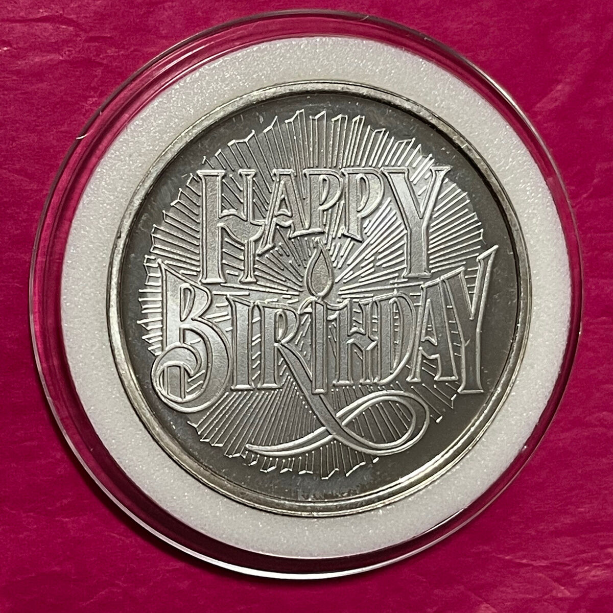 Happy Birthday Silver Commemorative with Diamante Gemstone. 