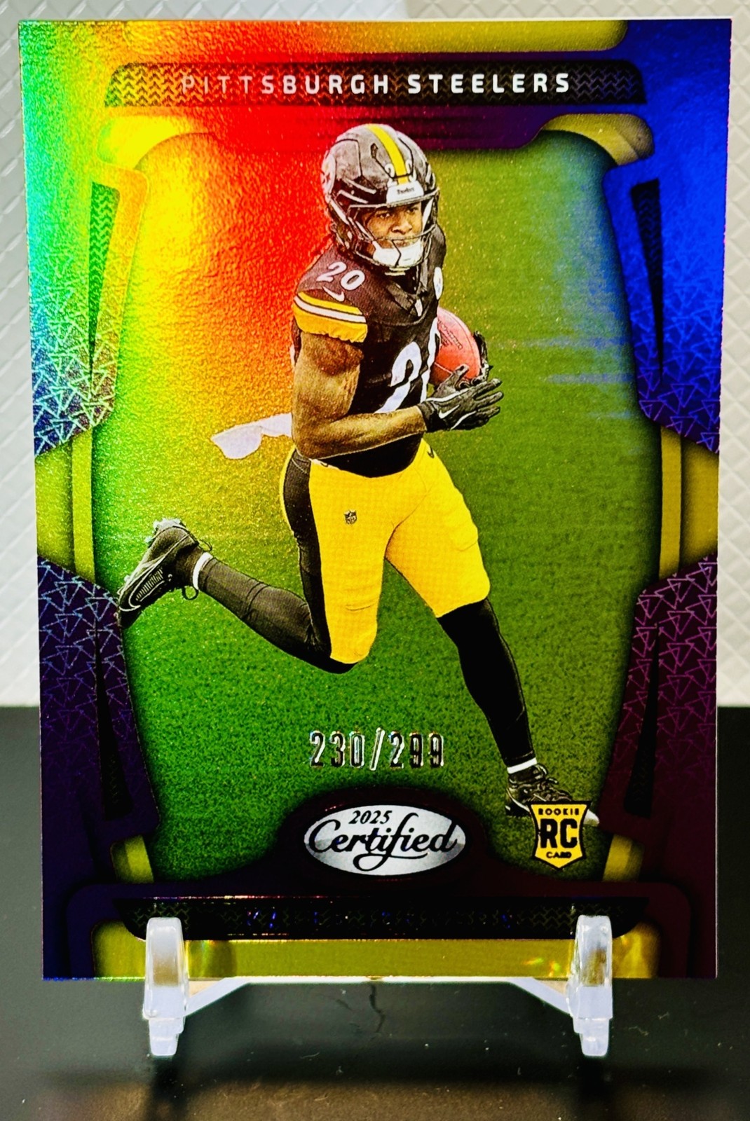 2025 Panini Certified Kaleb Johnson Rookies Mirror Purple /299 #142 RC Steelers