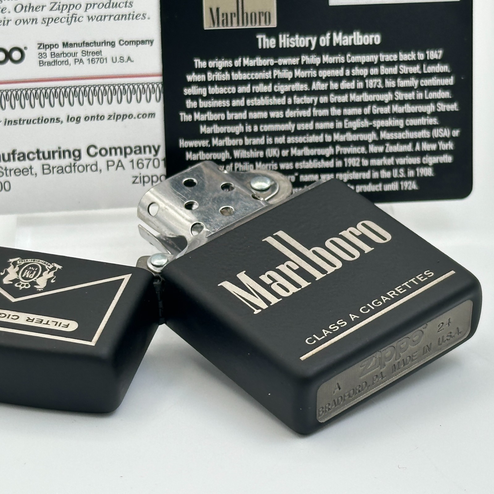 Marlboro Black Matte Zippo Lighter Set w/ Engraved Aluminum History Card