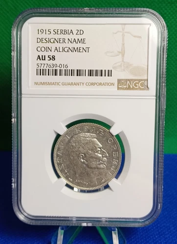 1915 Serbia 2 Dinara, Designer's Name, 10g of .835 Silver (0.2685ozt), NGC AU58