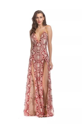 Langes rotes Kleid mit Pailletten und Doppelschlitzen elegant Damen Abend CF60166