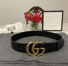 Authentic Gucci Black Leather Belt With Gold GG Buckle, Women Size 85cm (4-6)