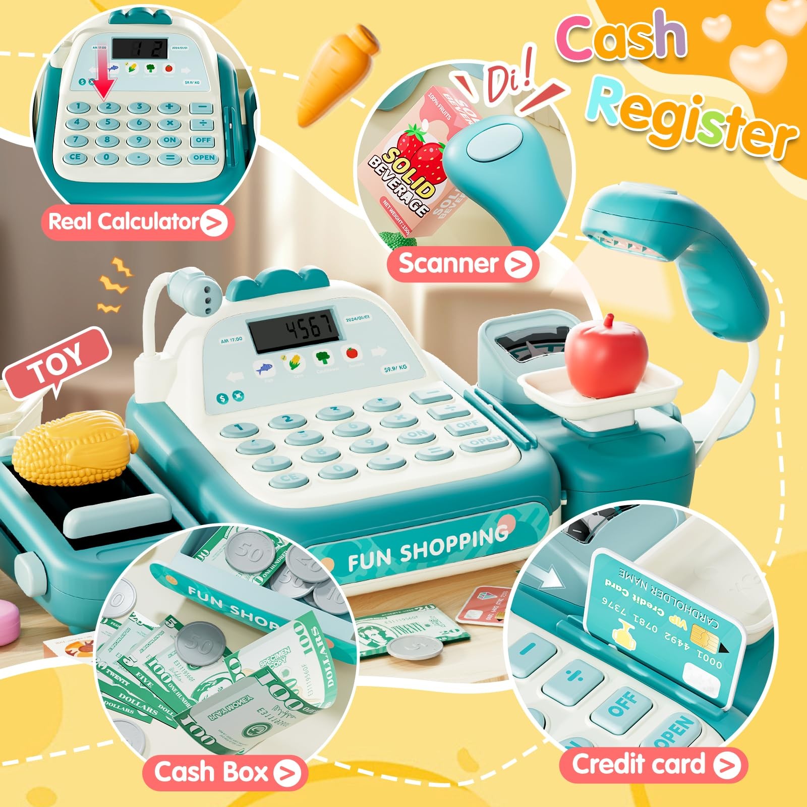 как выглядит STACTCUTE 49PCS Pretend Play Cash Register Toy Child-size/Miniature, Green фото