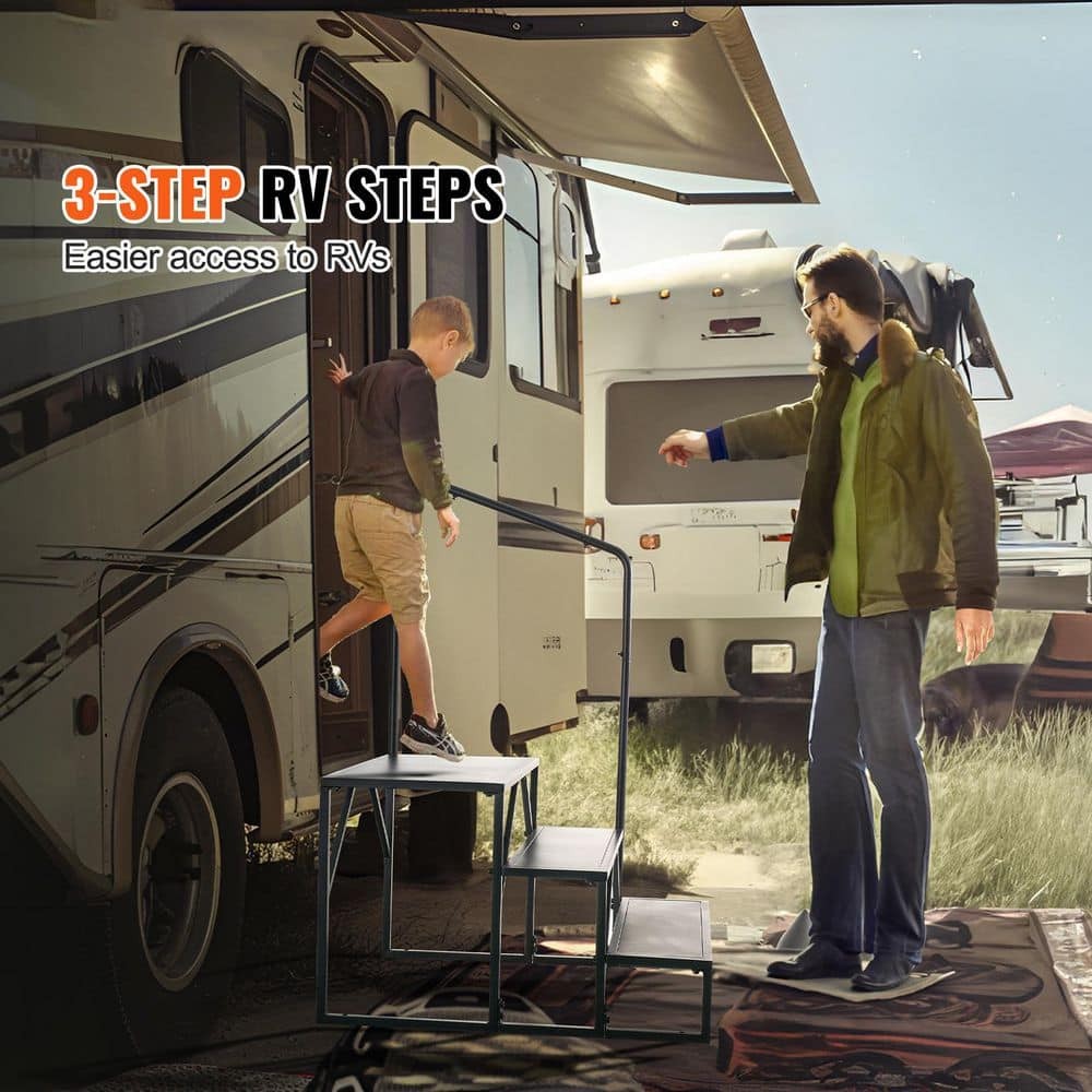 SKYSHALO 3-Step RV Stairs w/ Handrail Non-Slip Carbon Steel Steps 440 lb Cap