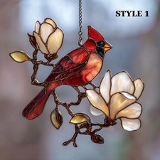 Cardinal Bird Acrylic Suncatcher: Festive Magnolia Flower Christmas Window Hangi