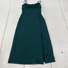 SHEIN Dress Womens Small Dark Green Spaghetti Strap Ruched Bust Side Slit Midi