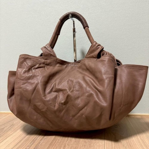 LOEWE Hand Bag Tote Purse Aire Anagram Leather Brown Authentic