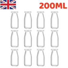 12x Skimmed Milk Classic Glass Milk Bottle Milkshake Juice 200ml W/ Caps Lids