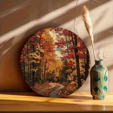 1pc 2D 1pc 7.87inch Round Aluminum Wall Art- Autumn Forest Scenery and Vibrant