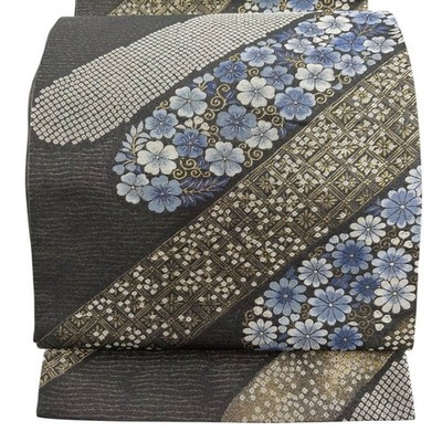 Japanese Kimono Fukuro Obi Silk Black Gray Black Floral Arabesque Arabesque