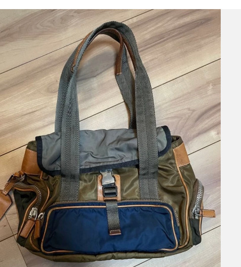 Rare Vintage PRADA Nylon Leather Tote Shoulder Bag Metal Buckle Olive Navy thumbnail 2
