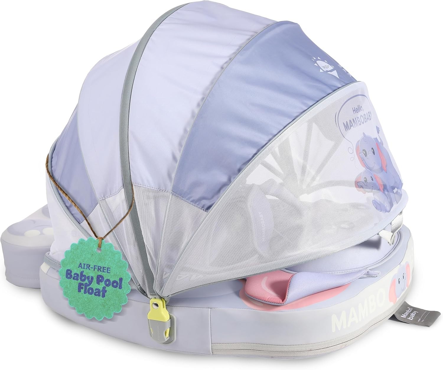 Flotador explorador MAMBOBABYFLOAT con dosel y portador (mamá elefante, azul)
