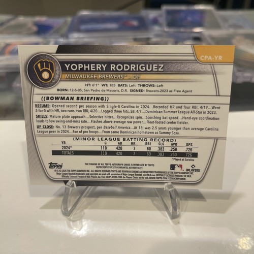 2025 Bowman Yophery Rodriguez 1st Mini Diamond Refractor Auto /100 🔥 Brewers - Picture 4 of 4