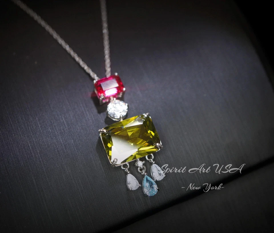 Geometric Scissor Green Peridot Necklace - Sterling Silver Tassel Dangle Lab - Image 2 of 4