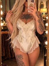 Vtg 1990s Victoria's Secret White Satin and Lace Pearl-Accented Teddy Bodysuit L