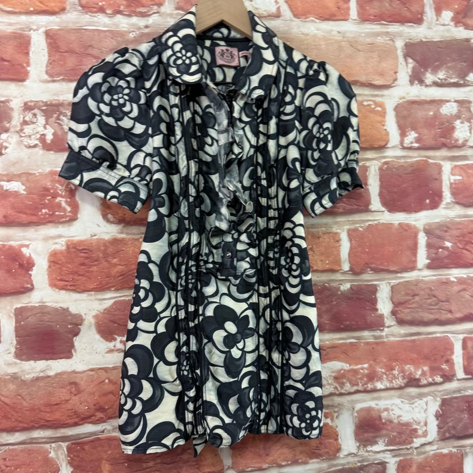 Juicy Couture Топ женщин 4 серый черный белый цветочный абстрактный 100% шелк рубашка - Изображение 2 из 4