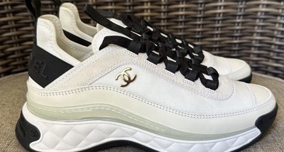 CHANEL White Black Leather Lace Up Athletic Sneakers G35617 Women's