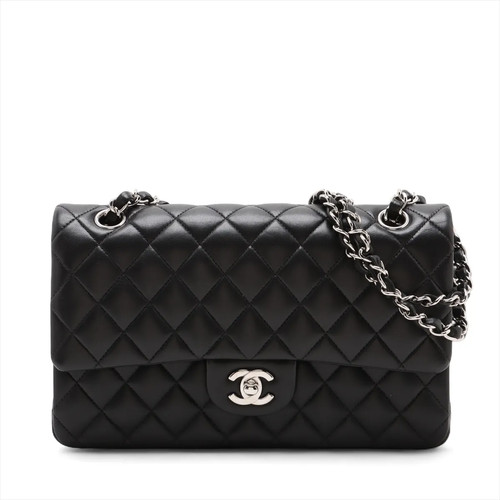 Chanel Matelasse 25 Lambskin Double Flap Double Chain Bag Black Silver Metal Fit
