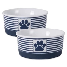 Bone Dry Nautical Blue Small Pet Bowl Set Of 2 Non Skid Ceramic 4.25 Inch