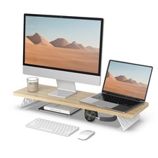 Wood Steel Monitor Stand Riser Desk Top Shelf Fits 2 Monitors PC Laptop