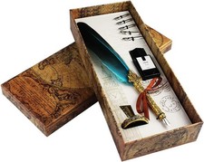 Handcrafted Quill Pen and Ink Set, Antique Dip Feather Pen Gift Set (Blue)
