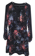 White House Black Market Black Floral Chiffon Dress Sheer Sleeve Tassel Size 8