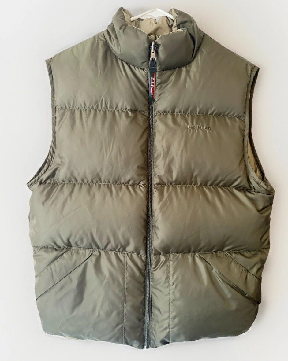 LL Bean Mens Goose Down Vest Medium Tall Reversible Green Tan Puffer Full Zip