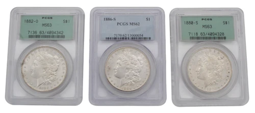 PCGS Graded Morgan Silver Dollars MS62 MS63 (1880-S, 1882-O, 1886-S) C-285