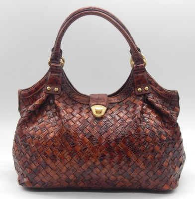 BRAHMIN Dagny Hand -Woven Pecan Brown Leather Double Handle Handbag Shoulder Bag