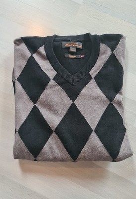 Ben Sherman Pullover S schwarz grau black Raute v-neck Retro oldschool Pulli