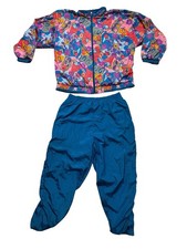 Vintage Bold Spirit 90s Colorful Windbreaker Tracksuit Set L Teal Floral Hearts