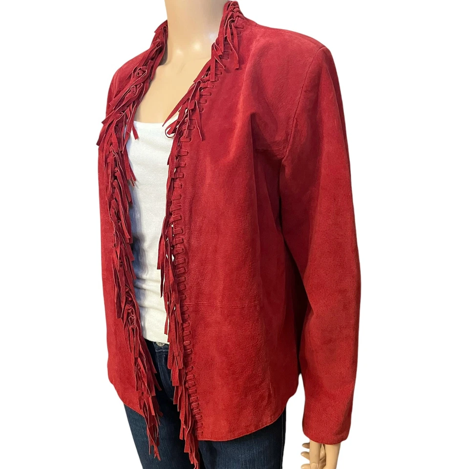 90s Y2K Womens Suede Jacket Medium Fringe Red Western Boho Southwestern Cowgirl - Image 2 of 4