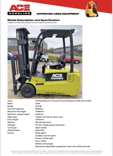 Clark GTX18 1.8t 3W Container Spec Forklift Hire-£47.50pw Buy-£6750 HP-£33.71pw