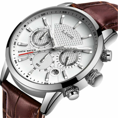 LIGE Men Quartz Watch Chronograph Leather Business Calendar Male Gifts Watches