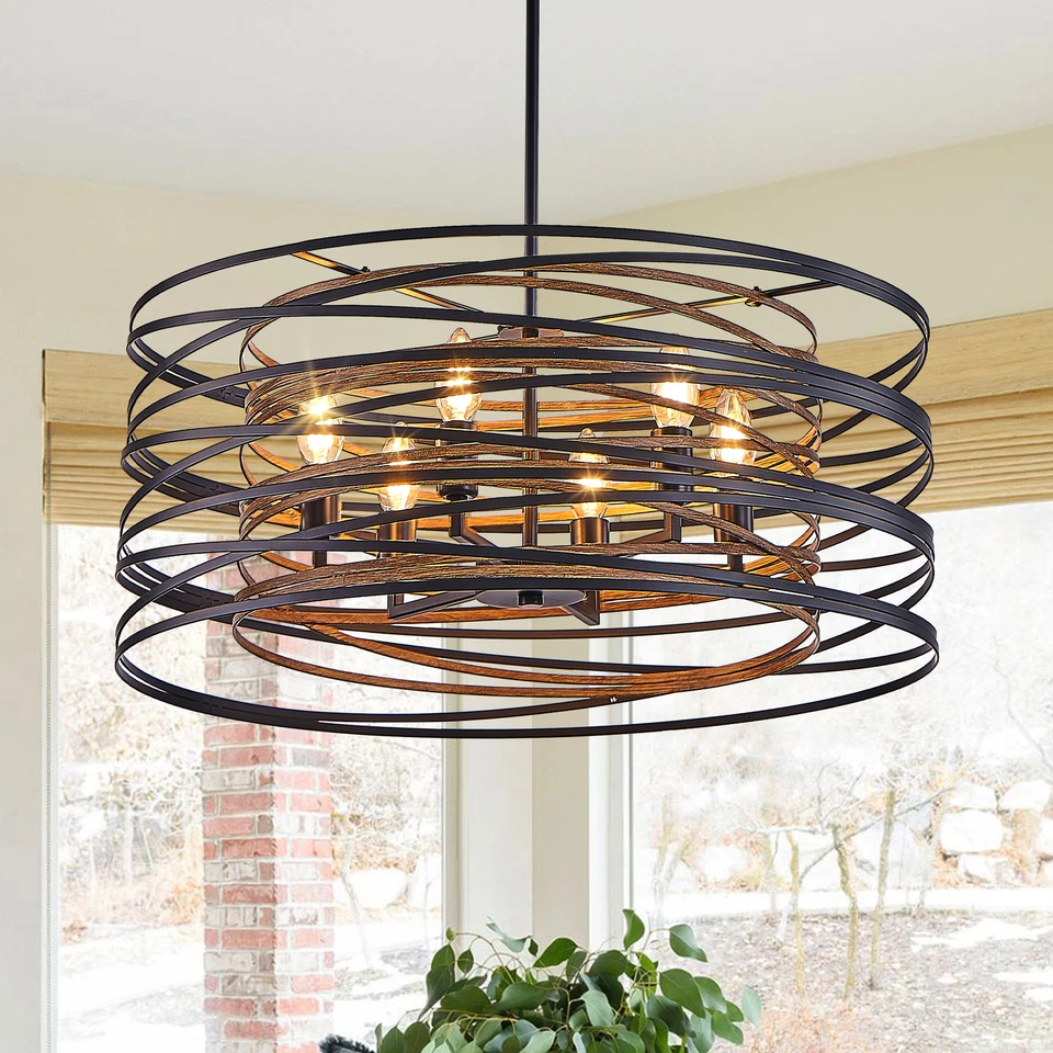 24" Farmhouse Chandelier Drum Hanging Light Rustic Wood Ceiling Pendant Fixture - Image 3 of 4
