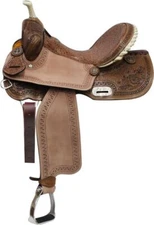 Barrel Style Saddle with Brown Filigree Seat & Tooling FQH Bars 14" 15" 16" NEW