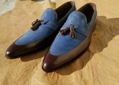 Herren Handgefertigt Leder & Wildleder Slipper Halbschuhe Zwickel Zweifarbig Formelle Schuhe-Neu