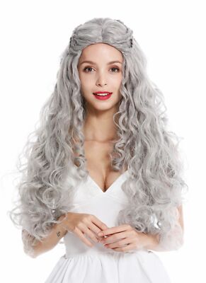 Perücke Damen Karneval lang geflochten Mittelscheitel grau Hippie wellig 91323