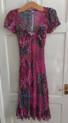 M&S Per Una Purple Pink Green Brown Chiffon Dress & Under Slip  Uk 10R