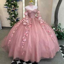 Pink 3D Flowers Quinceanera Dresses Ball Gown Applique Lace Beads Tull Corset