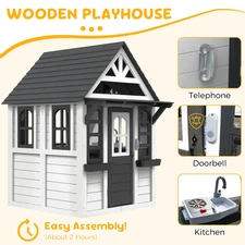 Outdoor Playhouse for Kids Ages 4-8, Wooden Play House with Doorbell, Phone, ...