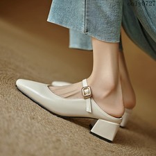 Women's Square Toe Mules Slides Mid Chunky Heel Sandals Slingback Dress Shoes
